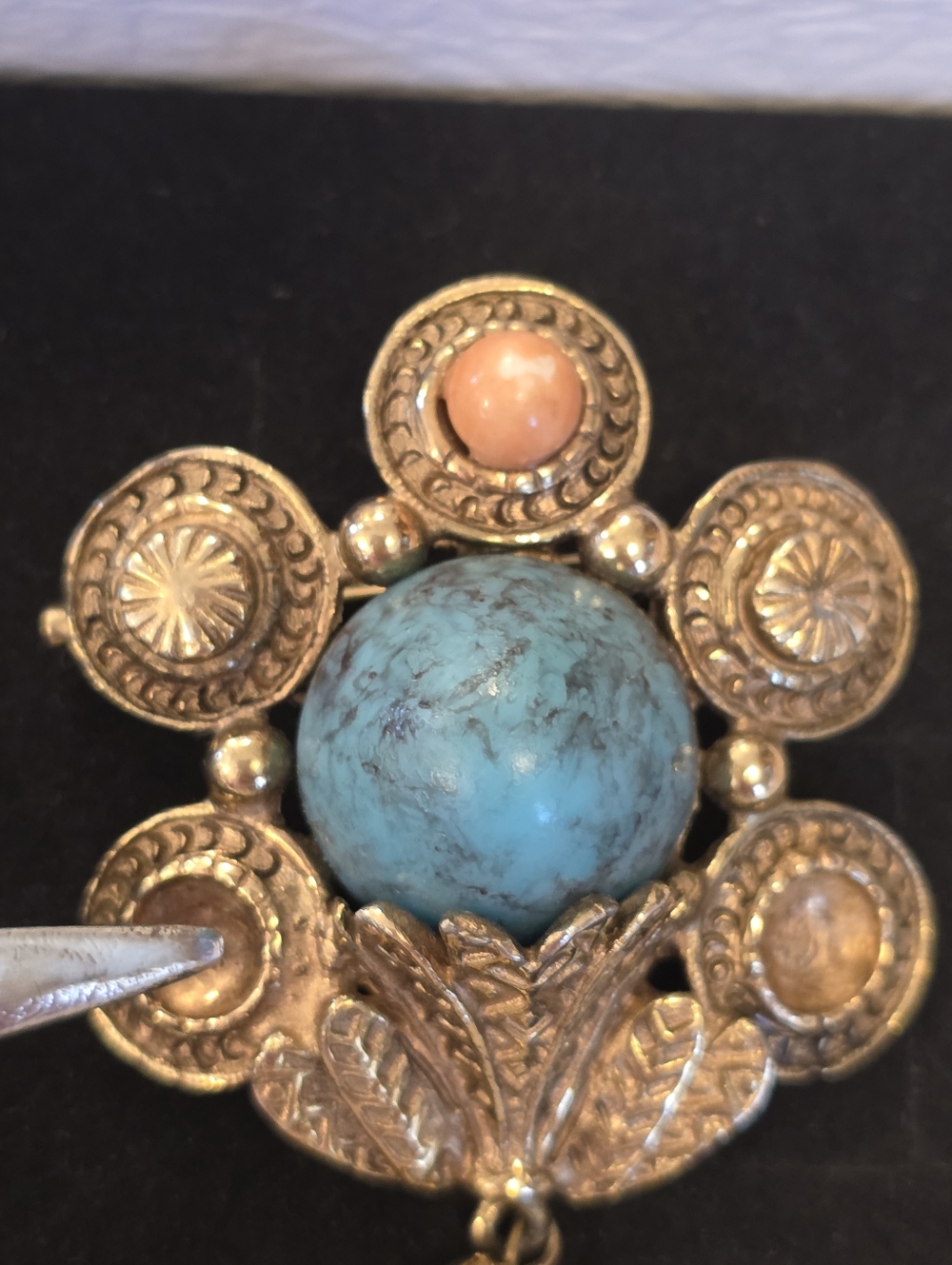 Vtg Art Deco Victorian Faux Turquoise Coral Chain Gold-Tone Tassel Brooch READ - Picture 7 of 14